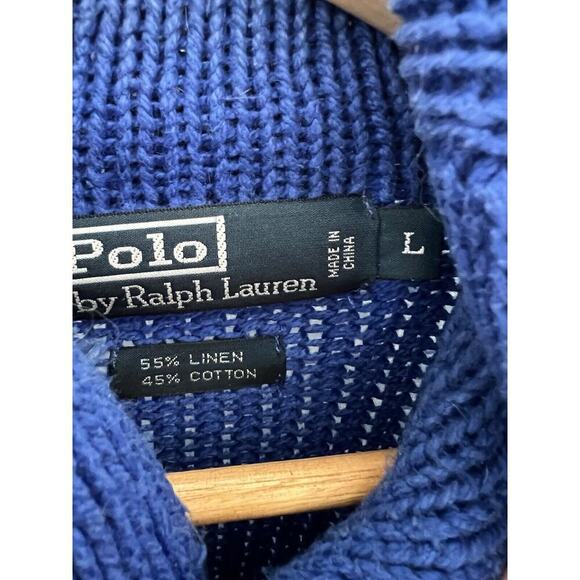 Polo Ralph Lauren Cable Knit Toggle Sweater Knit Linen/cotton Navy Large Vtg - Picture 6 of 8